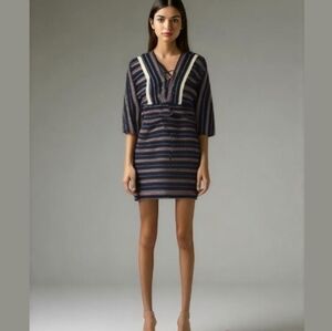 Beulah Navy Printed Hobo Fringed V-Neck Mini Dress - Size Small